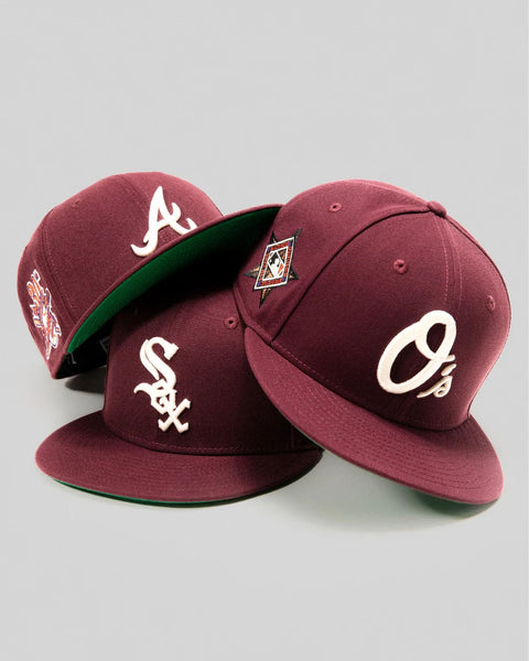 NEW ERA 59FIFTY BORDEAUX COLLECTION HERO IMAGE-NEW ERA 59FIFTY BURGANDY FITTED HATS-ATLANTA BRAVES,CHICAGO WHITE SOX,BALTIMORE ORIOLES