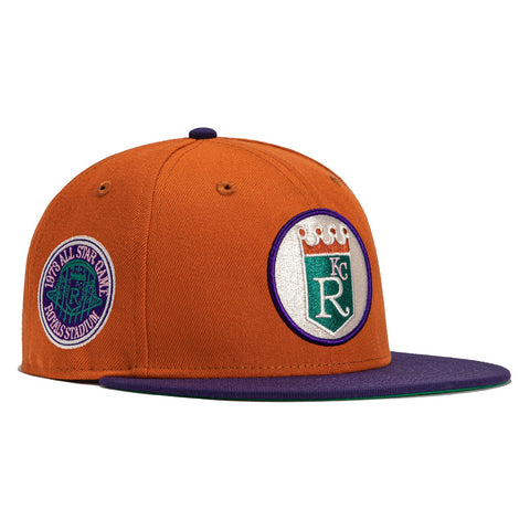 New Era 59Fifty Cactus Fruit Kansas City Royals 1973 All Star Game Patch Logo Hat- Burnt Orange, Purple