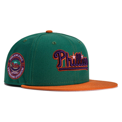 New Era 59Fifty Cactus Fruit Philadelphia Phillies Veterans Stadium Patch Logo Hat- Green, Burnt Orange