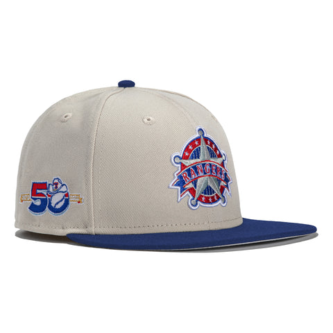 New Era 59Fifty Stone Dome Texas Rangers 50th Anniversary Patch Hat- Stone, Royal